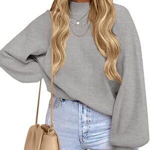 Casual Turtleneck Long Lantern Sleeve Oversized Ribbed Knit Pullover Sweater